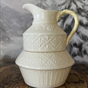 Vintage Belleek Ireland Creamer & Sugar Set | Embossed Basketweave Creamware
